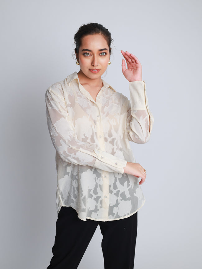 Women Off White Jacquard Party Wear Shirt