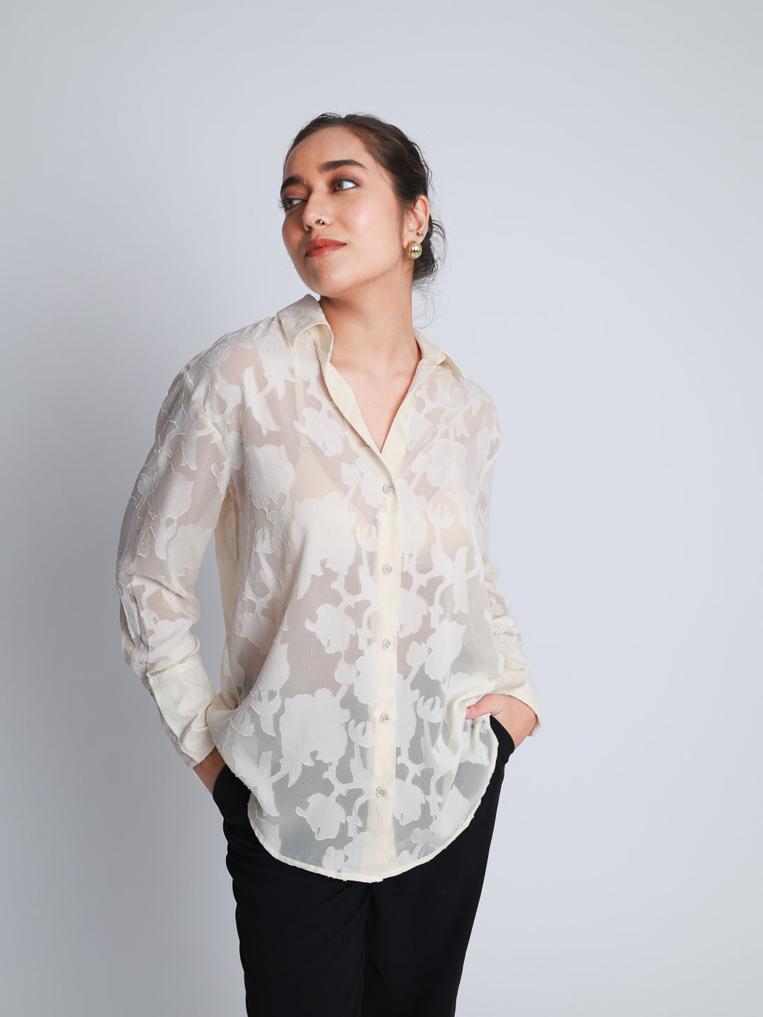 Women Off White Jacquard Party Wear Shirt