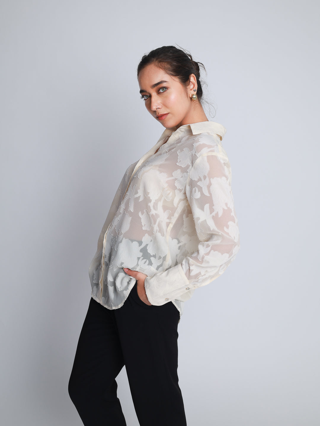 Women Off White Jacquard Party Wear Shirt