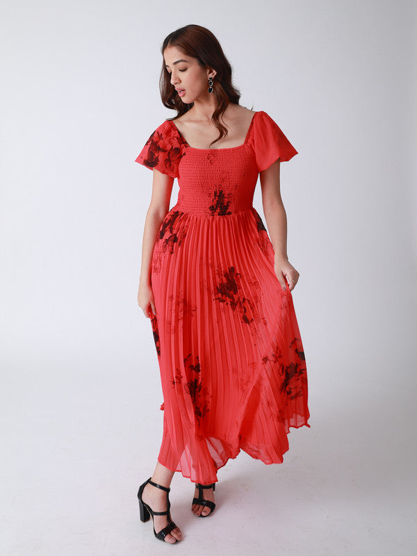 Women Floral Printed Smocked Bodice And Heat Set Pleated Dress
