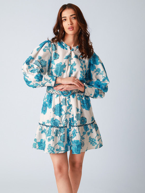 Blue Floral Print Regular Fit Skater Mini Dress