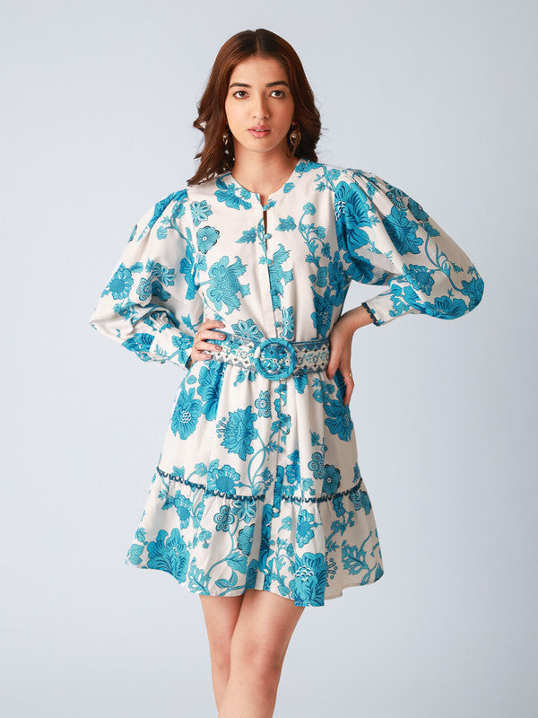 Blue Floral Print Regular Fit Skater Mini Dress