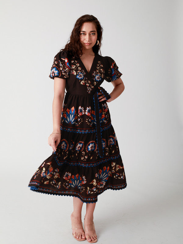 Women Black Garden Printed Wrap Dress