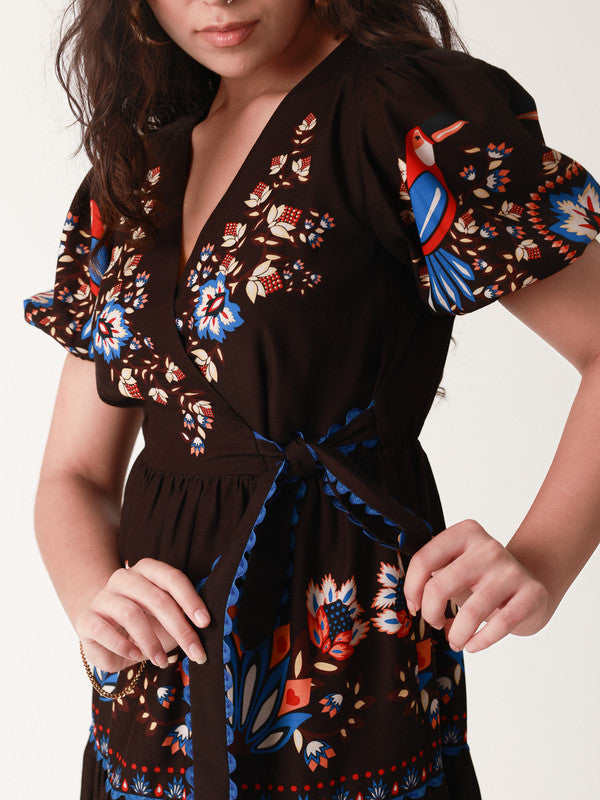 Black Garden Printed Wrap Dress