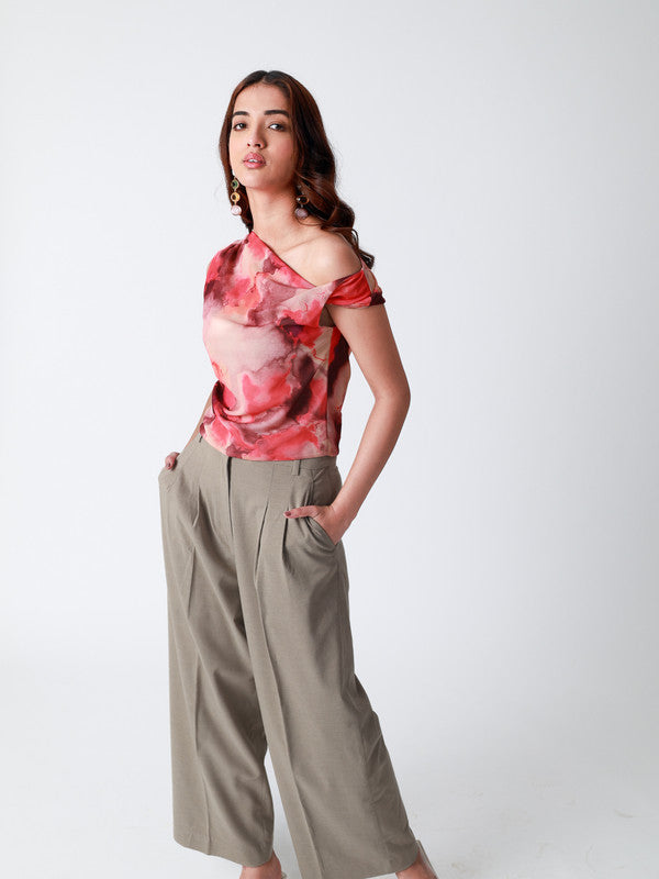 Abstract Printed One Twisted Shoulder Top