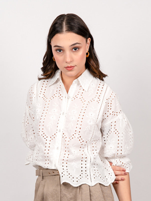 white schiffli embrioded shirt