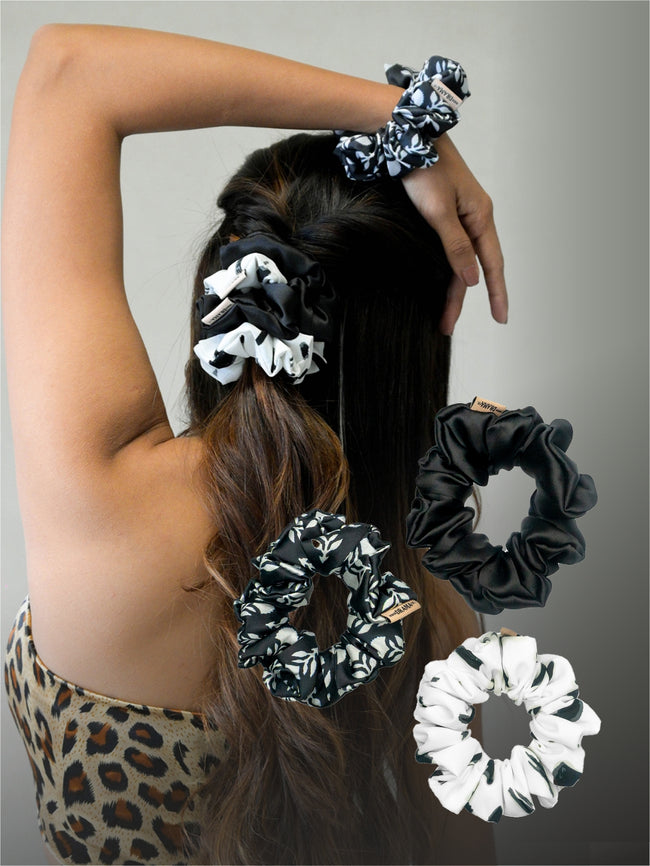 Black & White Printed Satin Srunchies