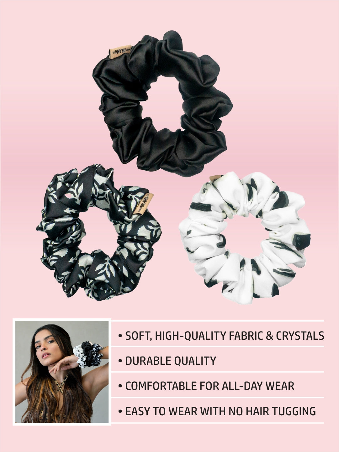 Black & White Printed Satin Srunchies