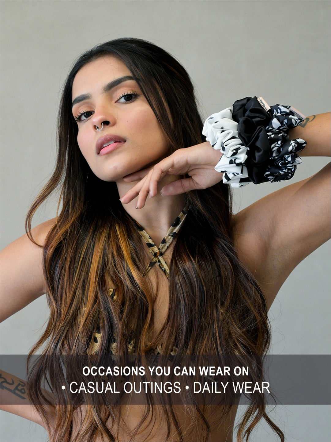 Black & White Printed Satin Srunchies
