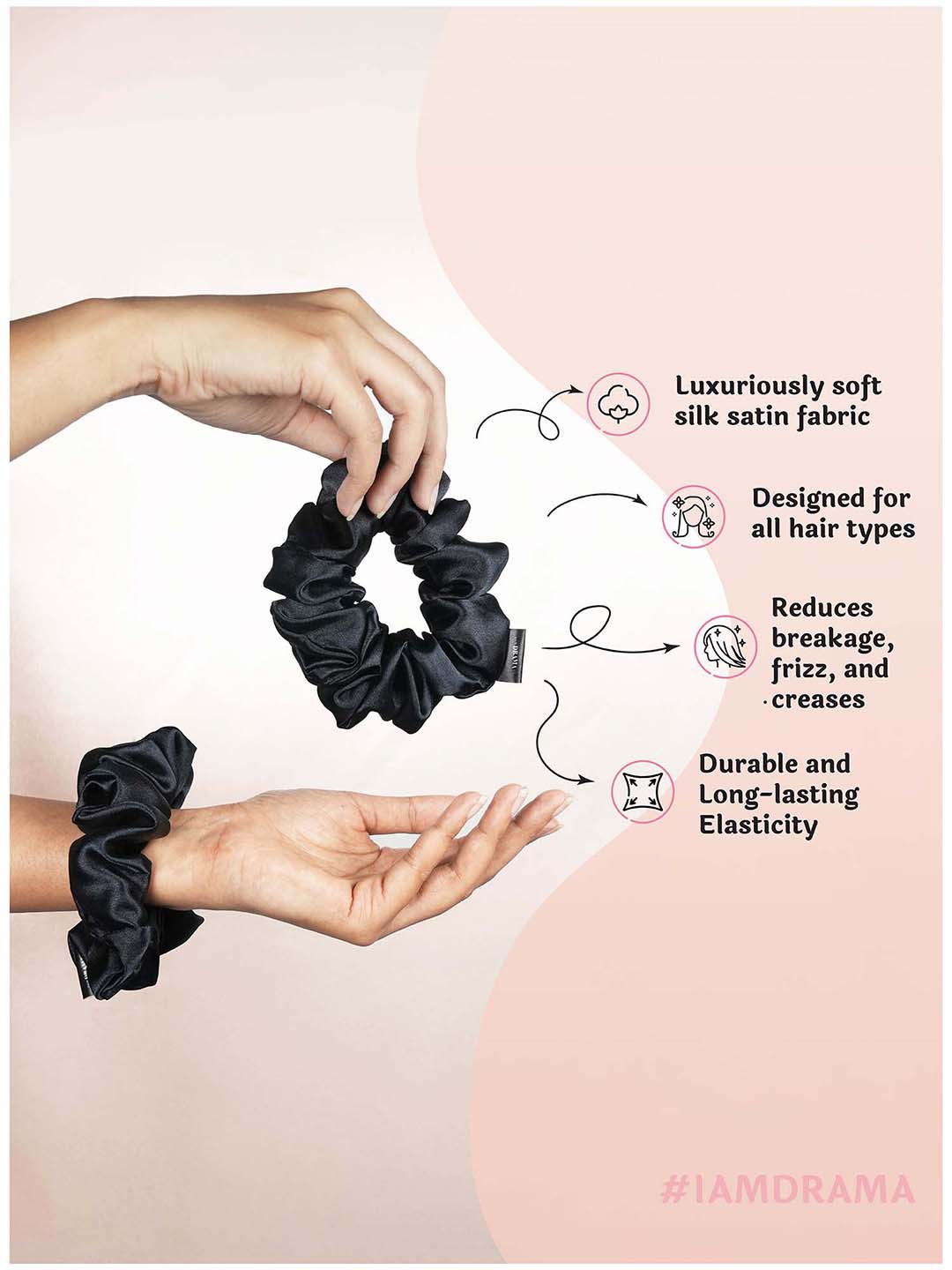 Multi  Black Silk Satin Scrunchies Set of 6