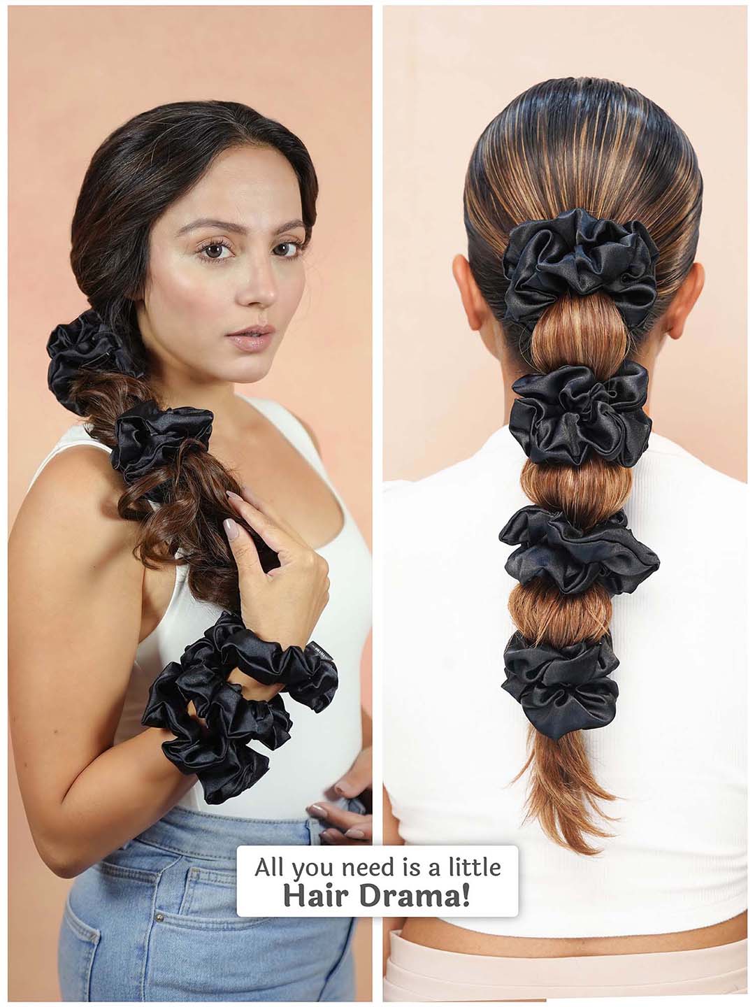 Multi  Black Silk Satin Scrunchies Set of 6