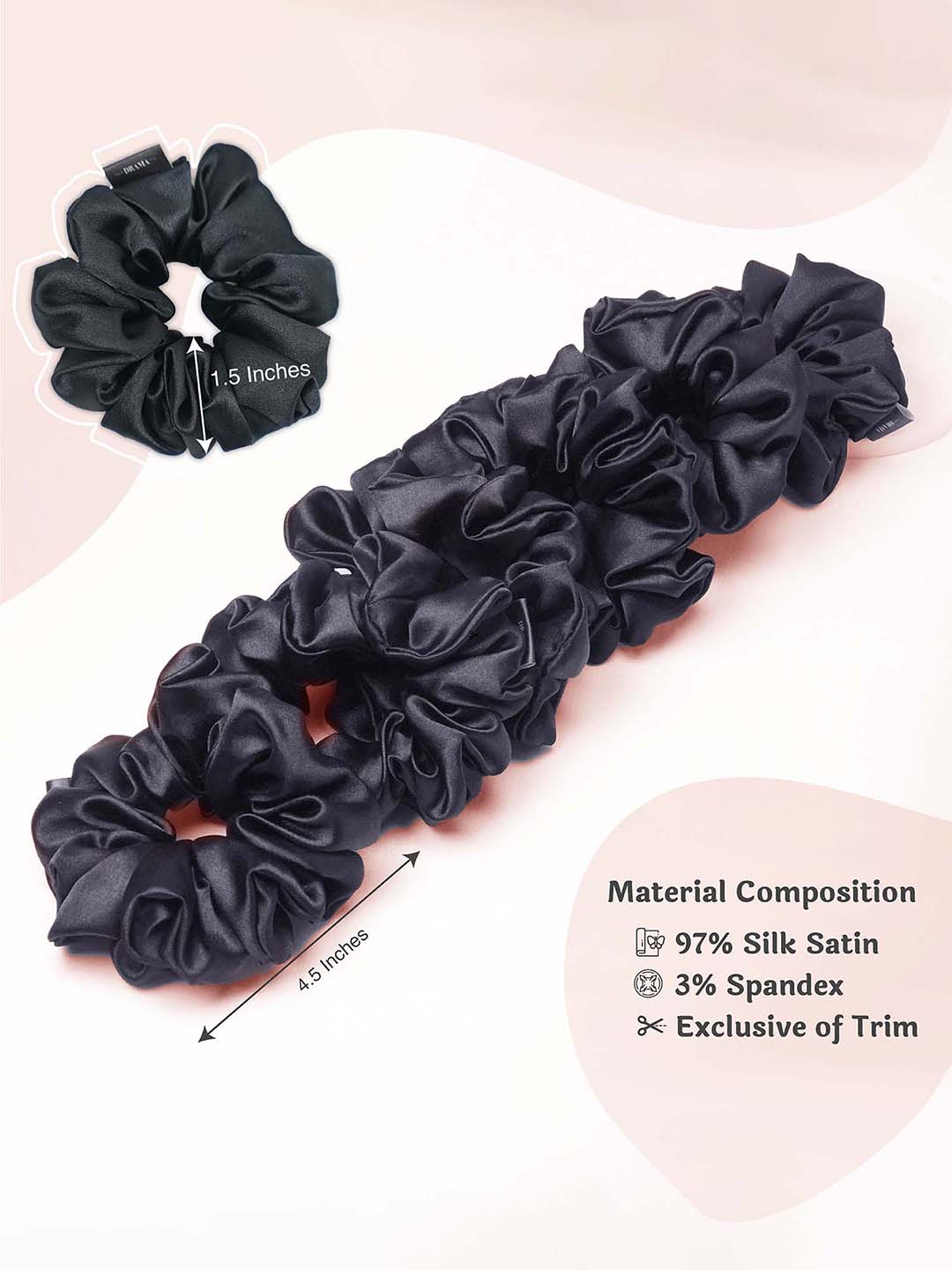 Multi  Black Silk Satin Scrunchies Set of 6