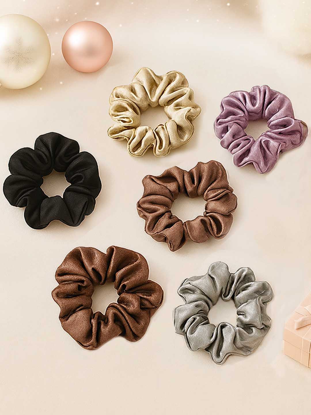 Multi  Neutral Silk Satin Scrunchies Set of 6