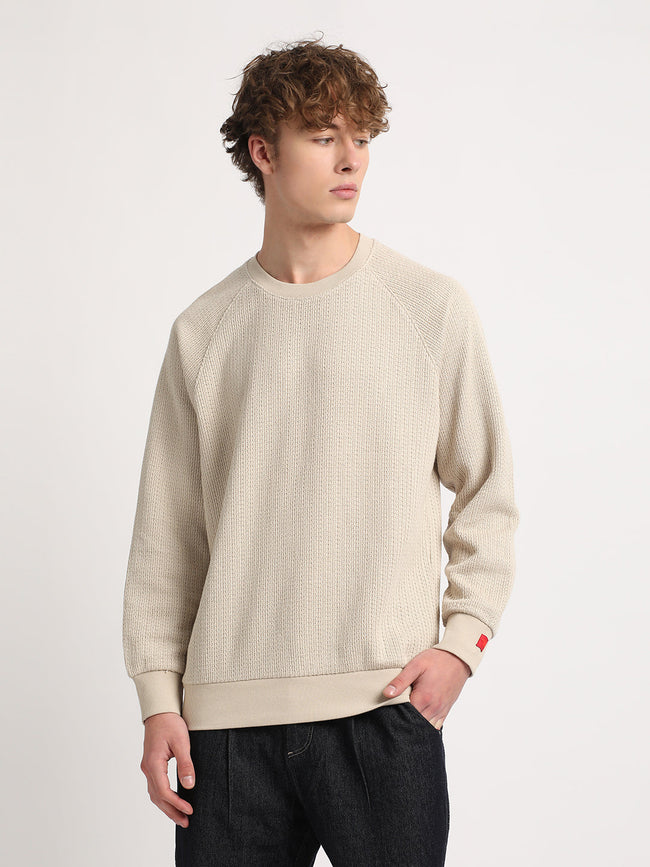 Men Beige Solid Relaxed Fit Sweatshirt