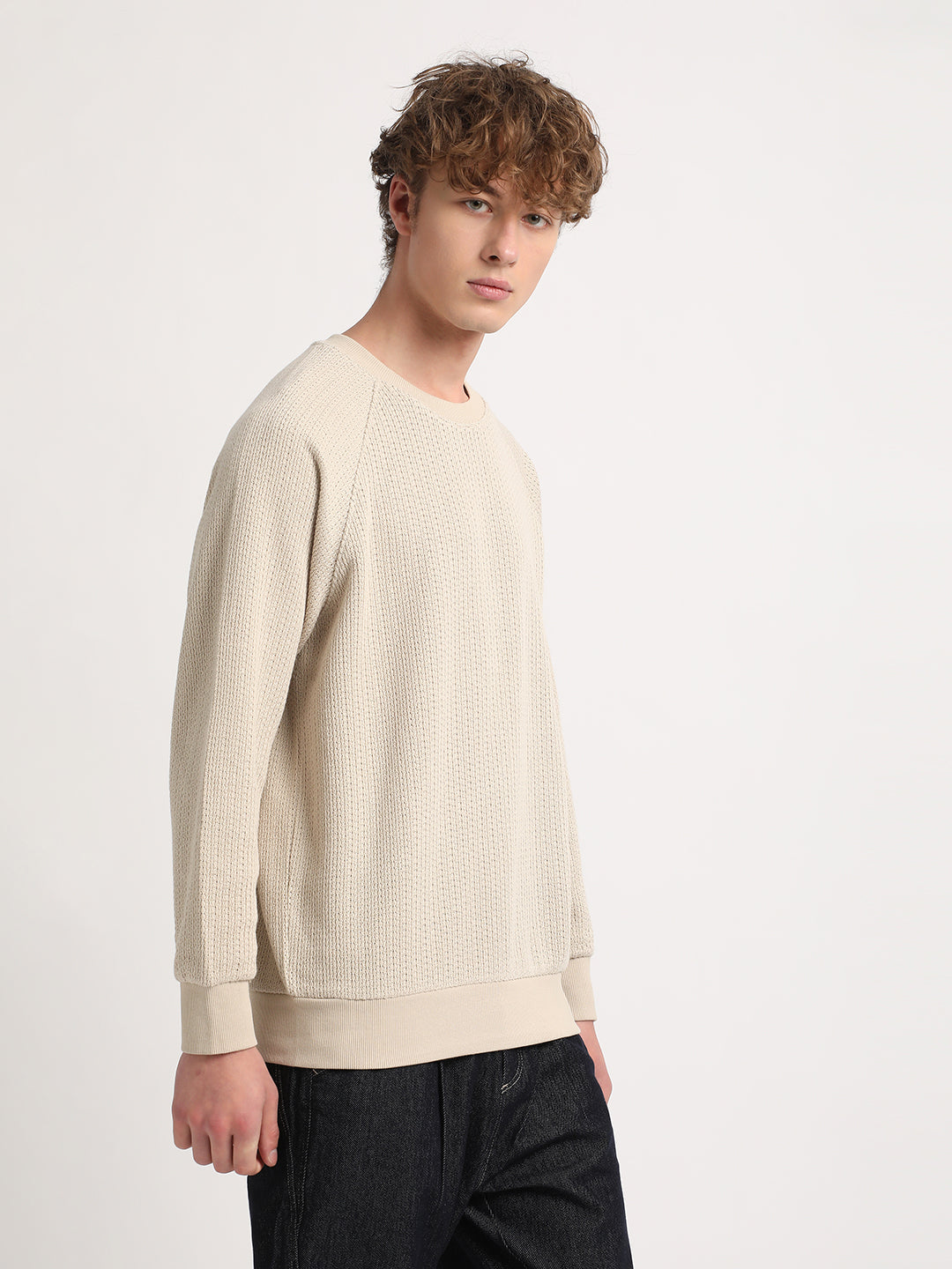 Men Beige Solid Relaxed Fit Sweatshirt