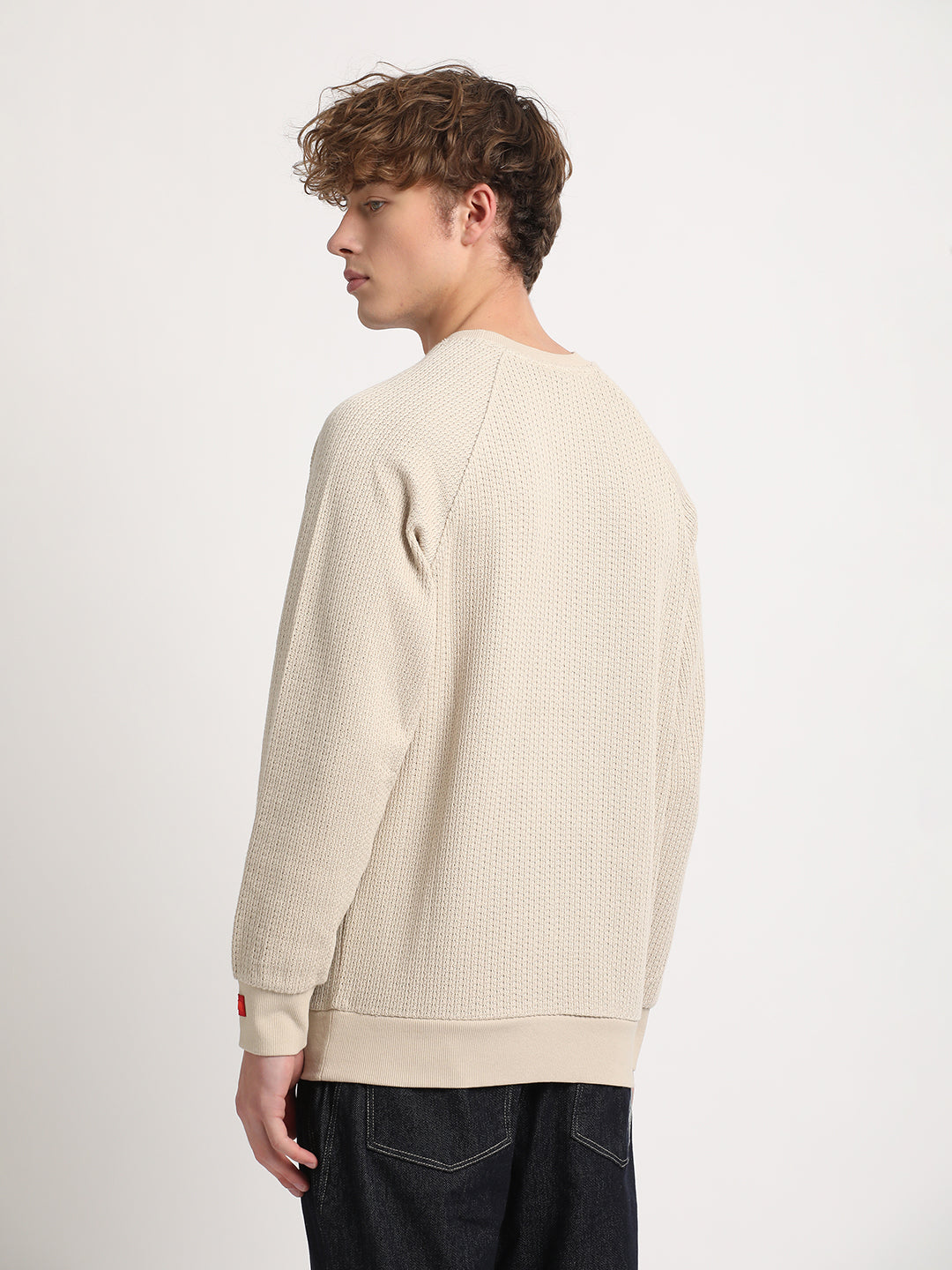Men Beige Solid Relaxed Fit Sweatshirt