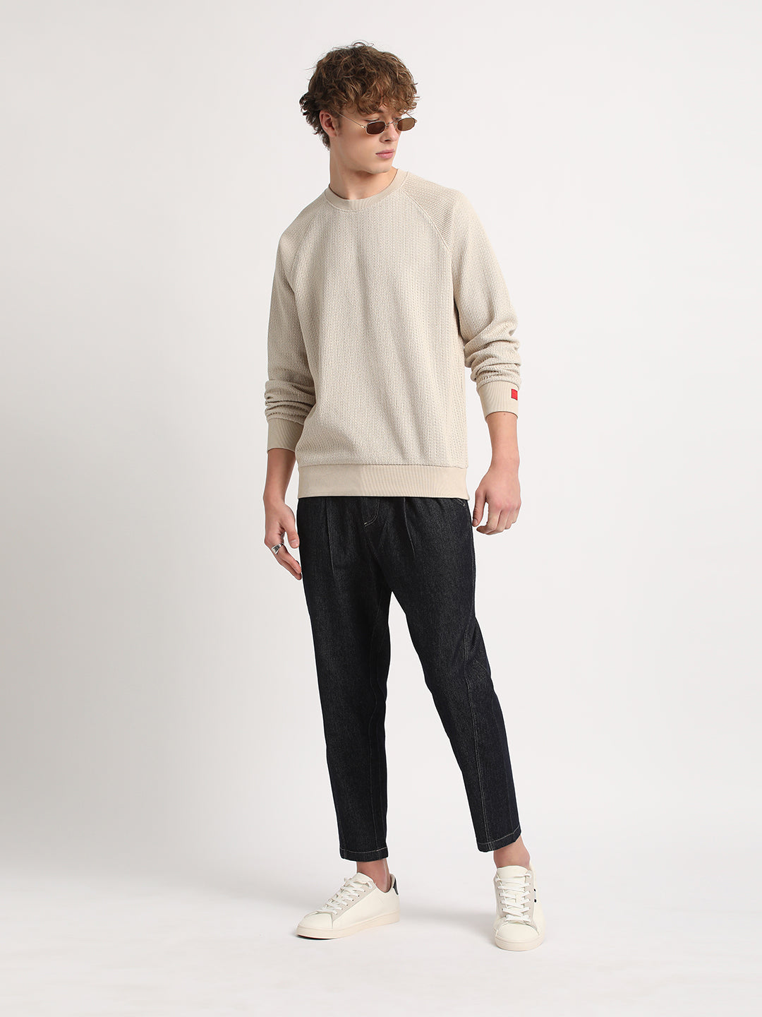 Men Beige Solid Relaxed Fit Sweatshirt