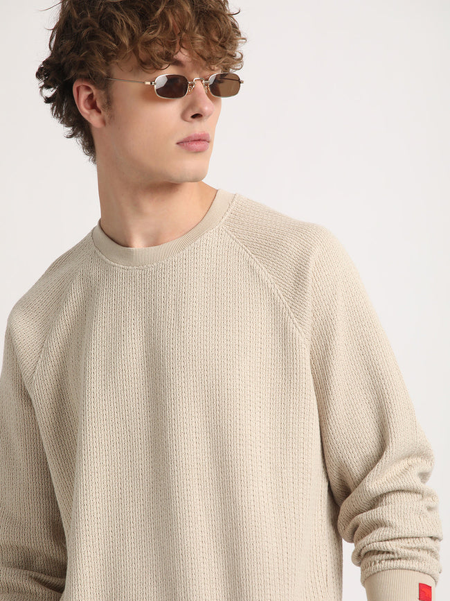 Men Beige Solid Relaxed Fit Sweatshirt