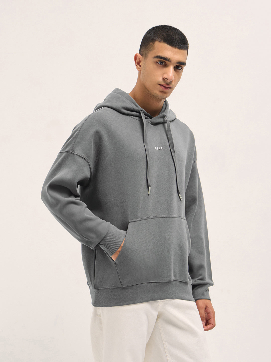 Men Grey Solid Relax Fit Hoodie