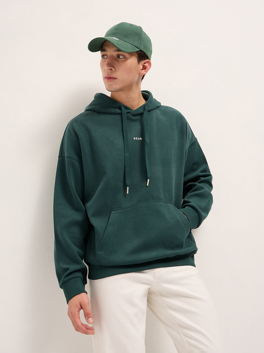 Men Green Solid Relax Fit Hoodie