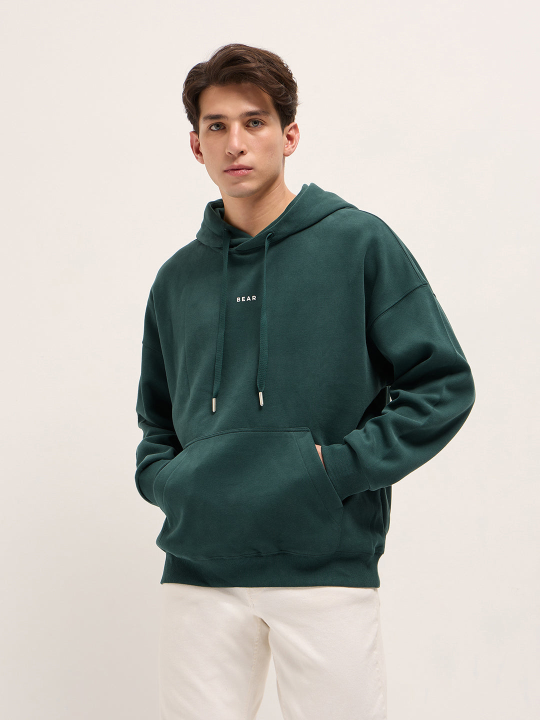 Men Green Solid Relax Fit Hoodie