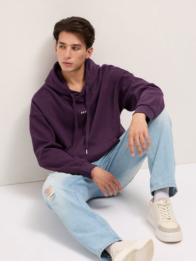 Men Purple Solid Relax Fit Hoodie