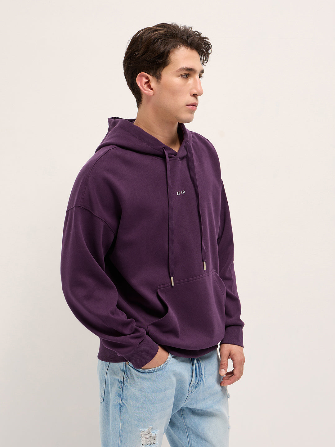Men Purple Solid Relax Fit Hoodie