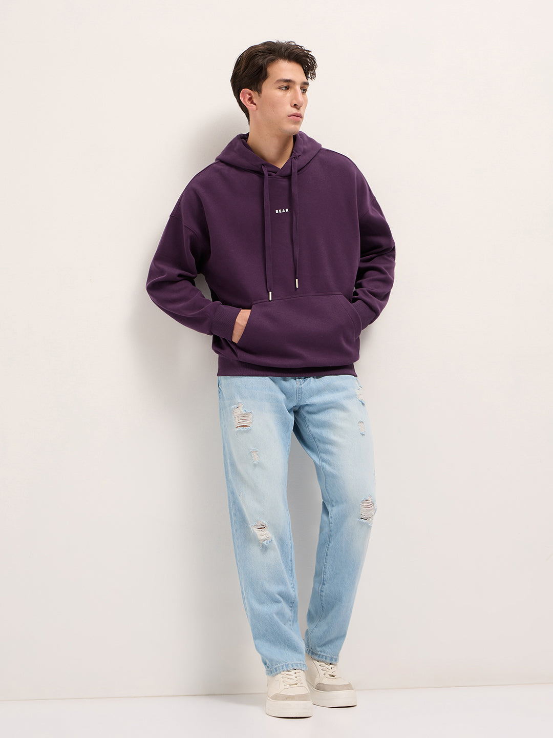 Men Purple Solid Relax Fit Hoodie