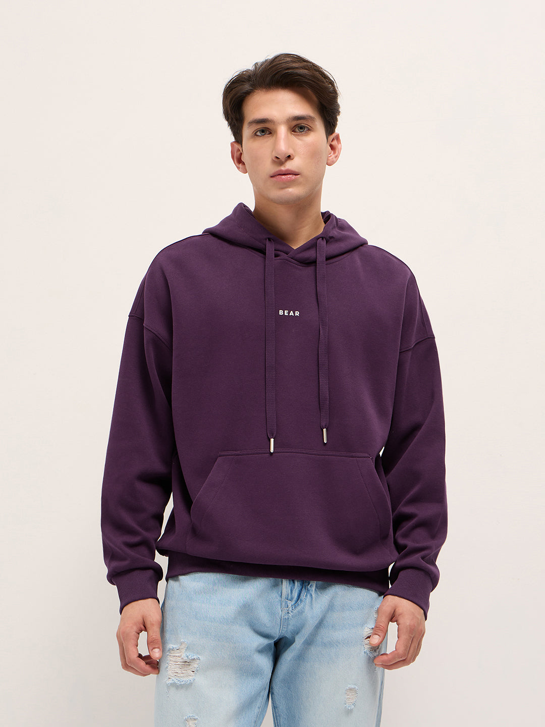 Men Purple Solid Relax Fit Hoodie
