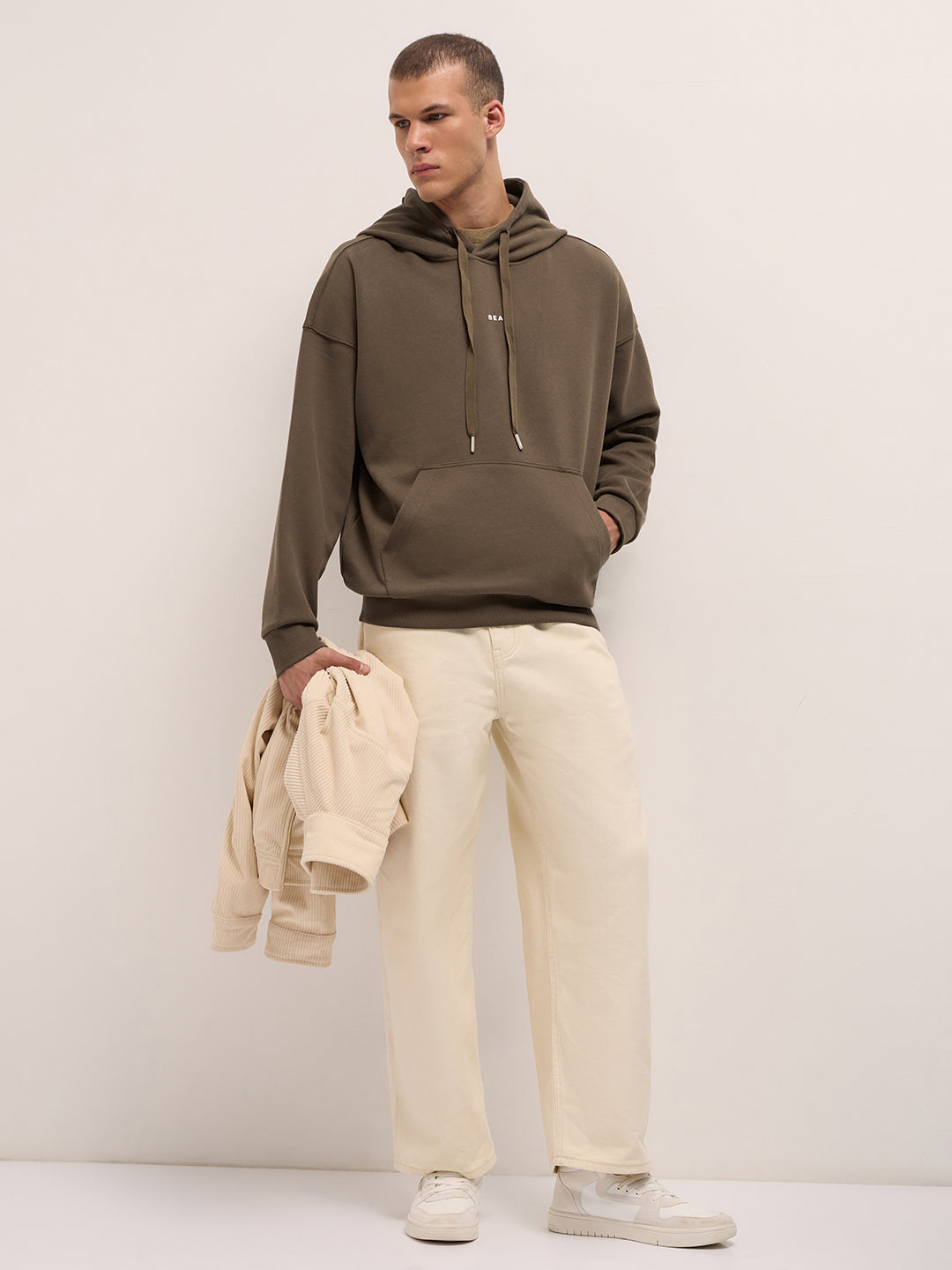 Men Brown Solid Relax Fit Hoodie