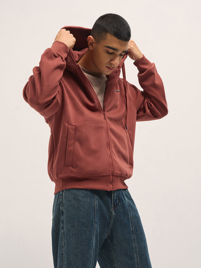 Men Red Solid Relax Fit Hoodie