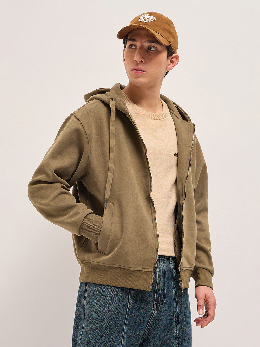 Men Brown Solid Relax Fit Hoodie