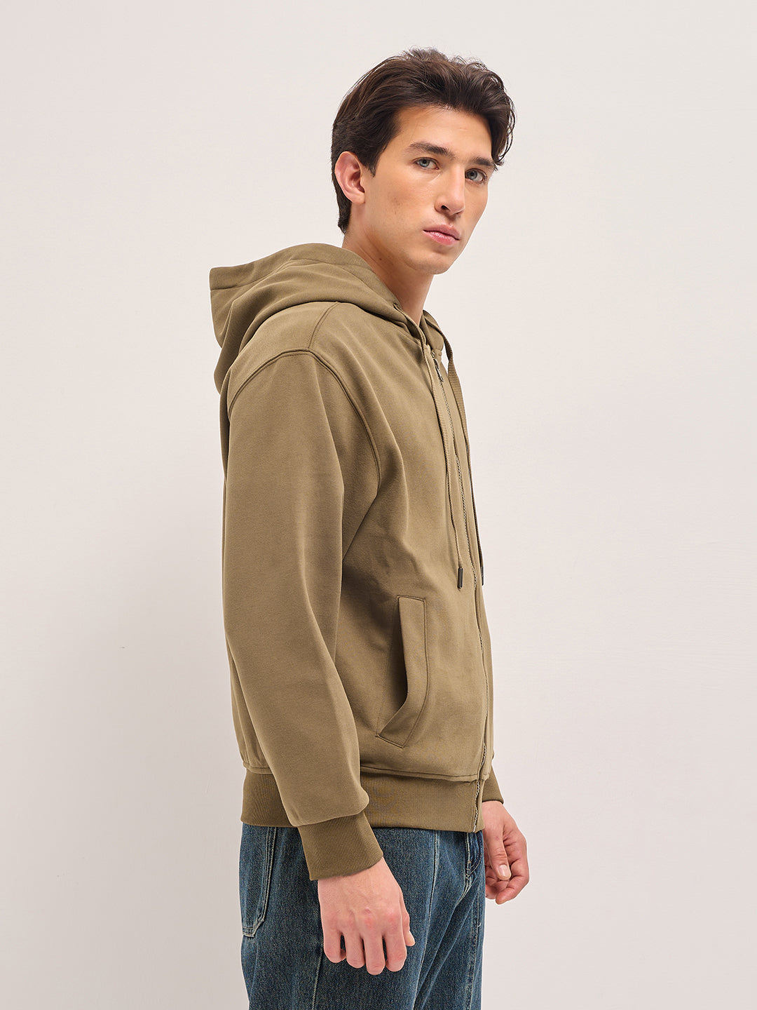 Men Brown Solid Relax Fit Hoodie