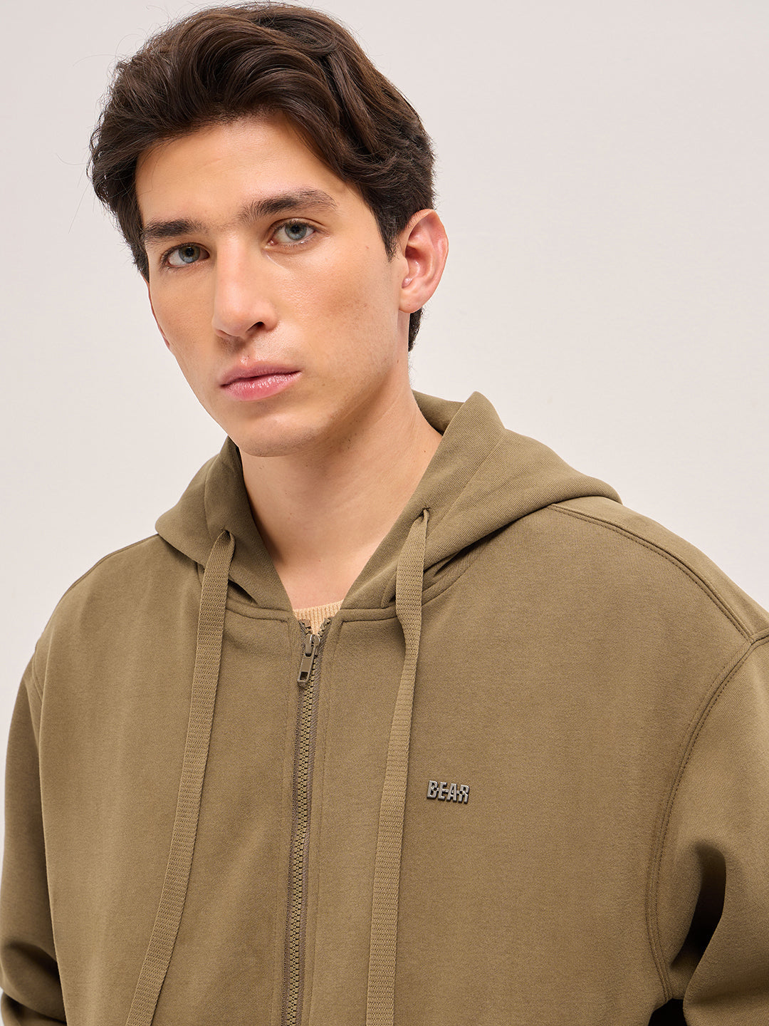 Men Brown Solid Relax Fit Hoodie