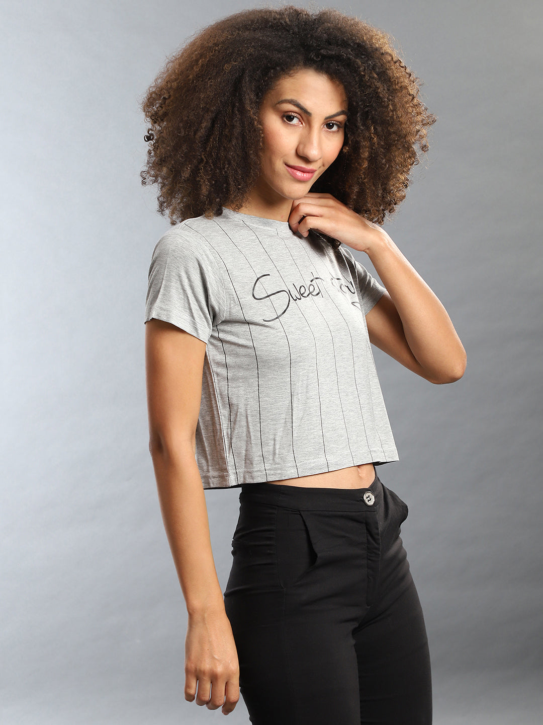 Women Grey Sweet Story Pinstriped Top