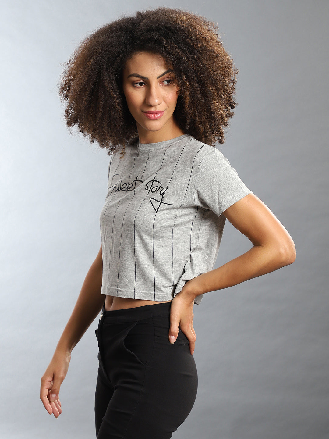 Women Grey Sweet Story Pinstriped Top