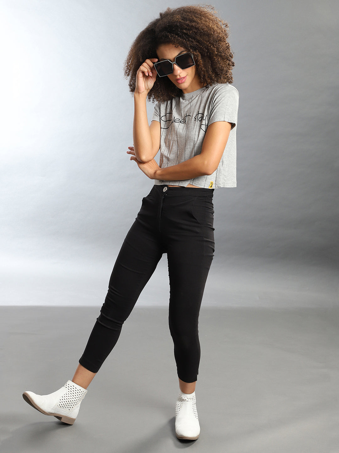 Women Grey Sweet Story Pinstriped Top