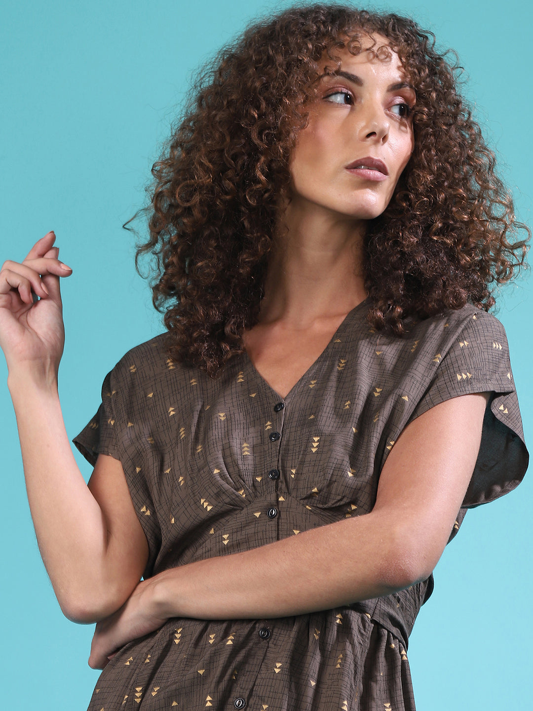 Women Green Geometric Cinched Dress