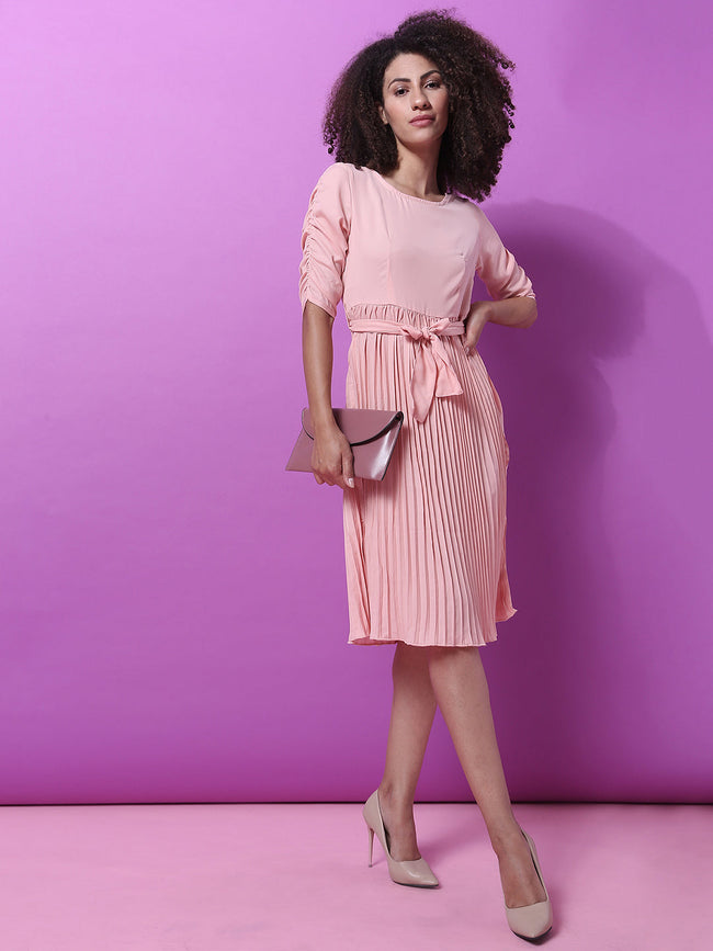 Women Pink Pleated Tie-Up Dress