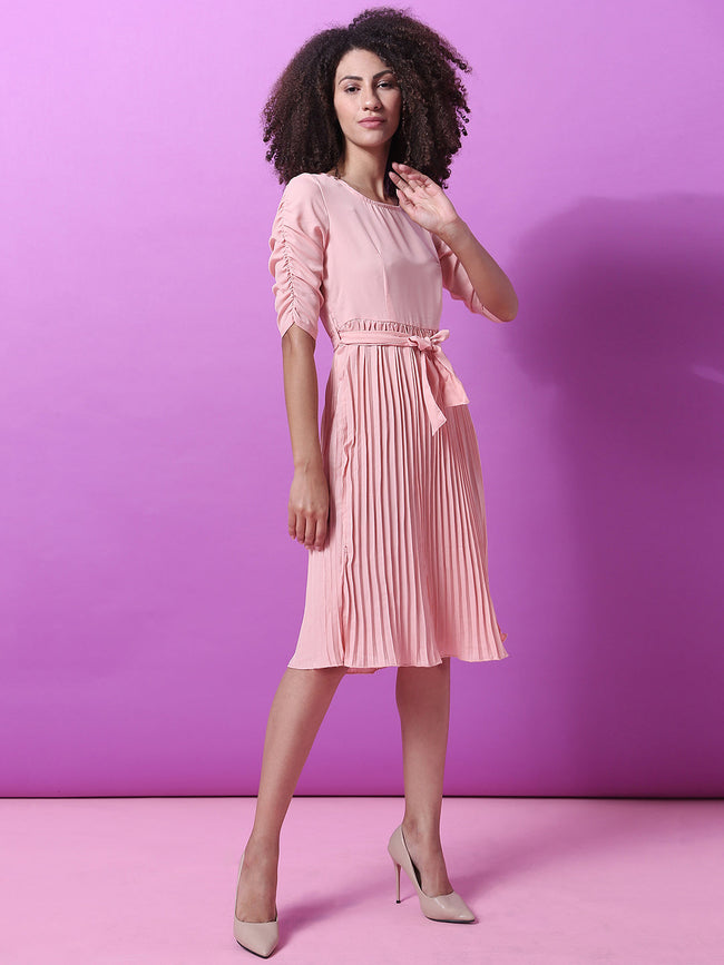 Women Pink Pleated Tie-Up Dress