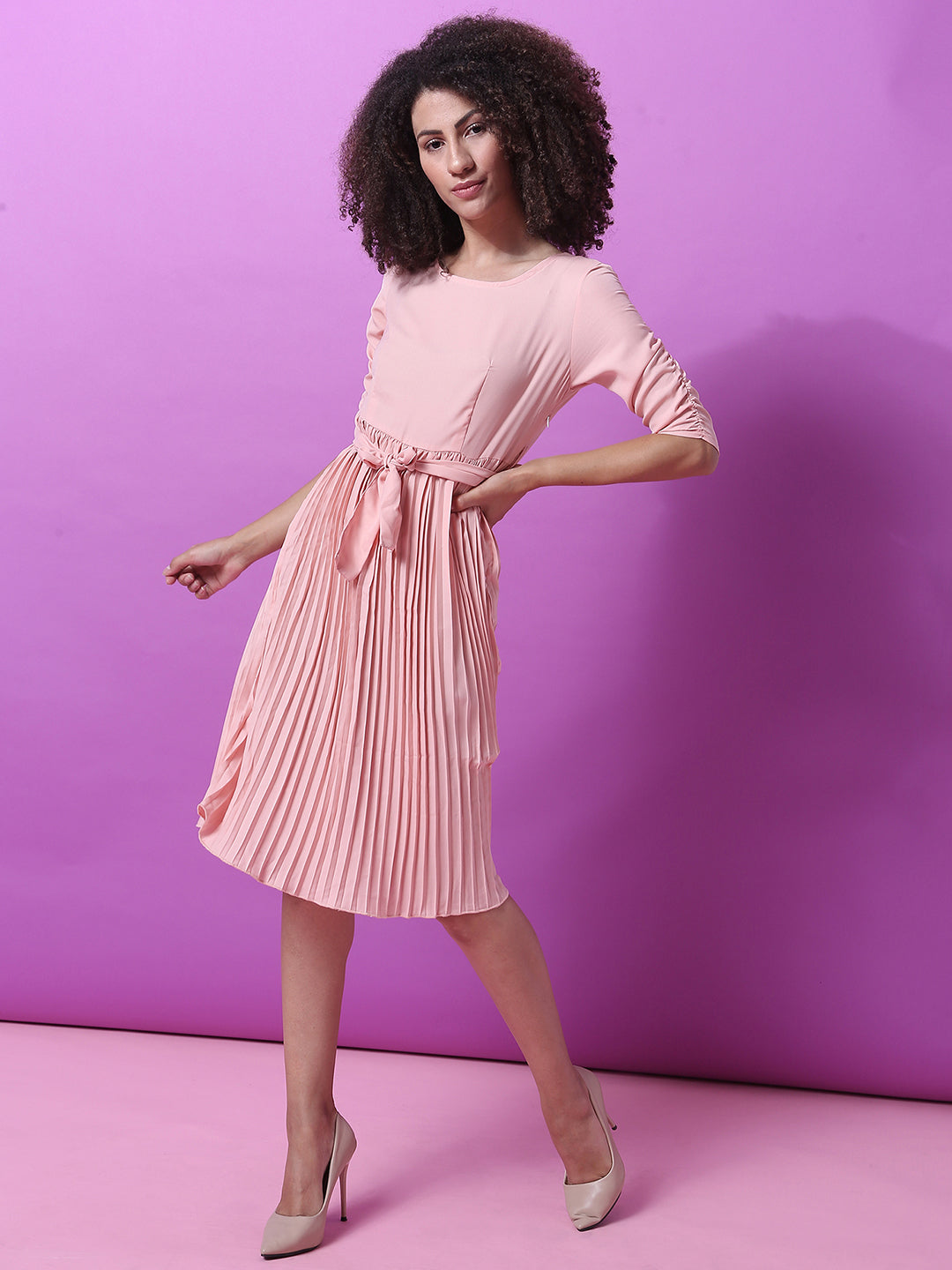 Women Pink Pleated Tie-Up Dress