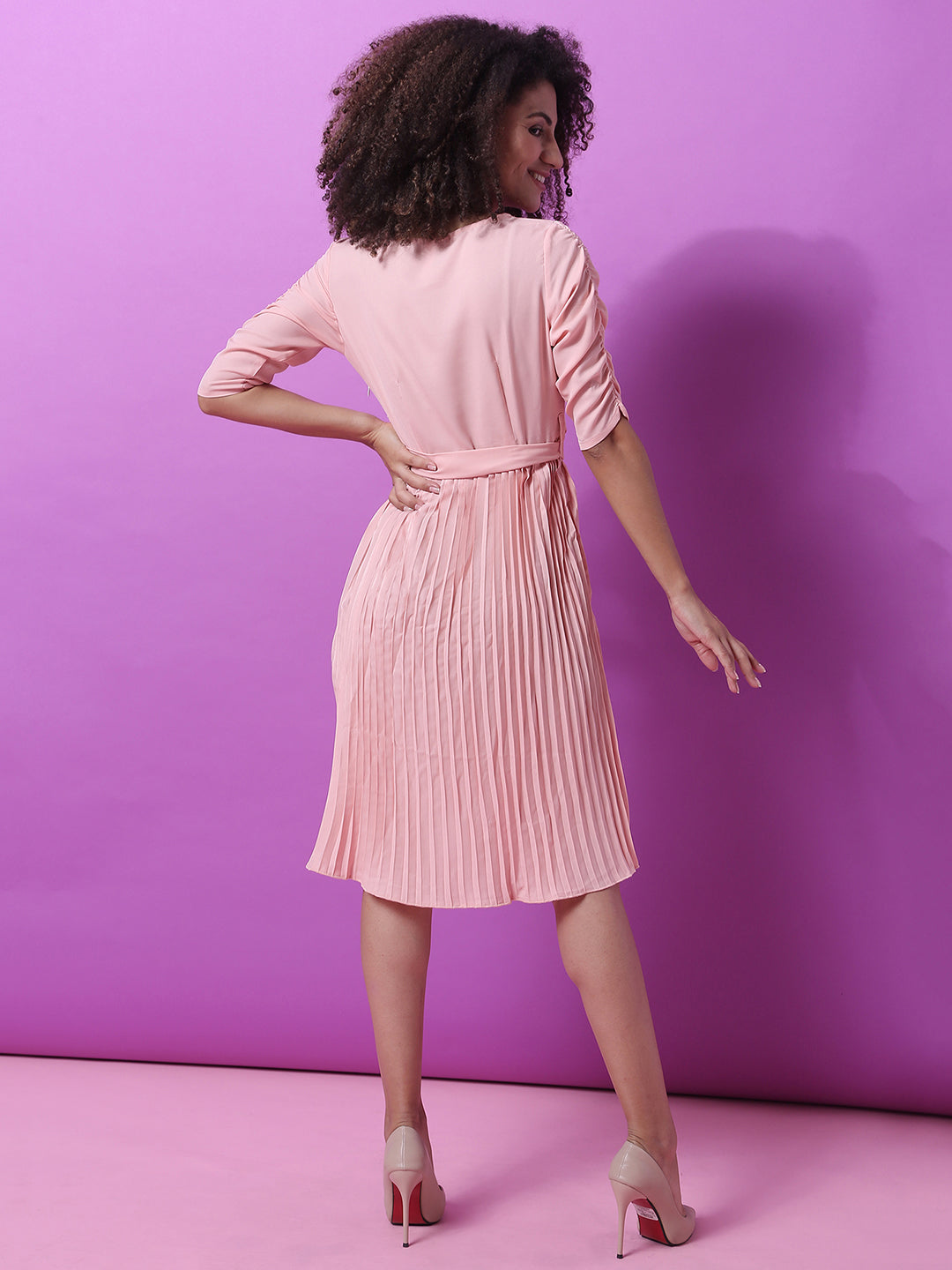 Women Pink Pleated Tie-Up Dress