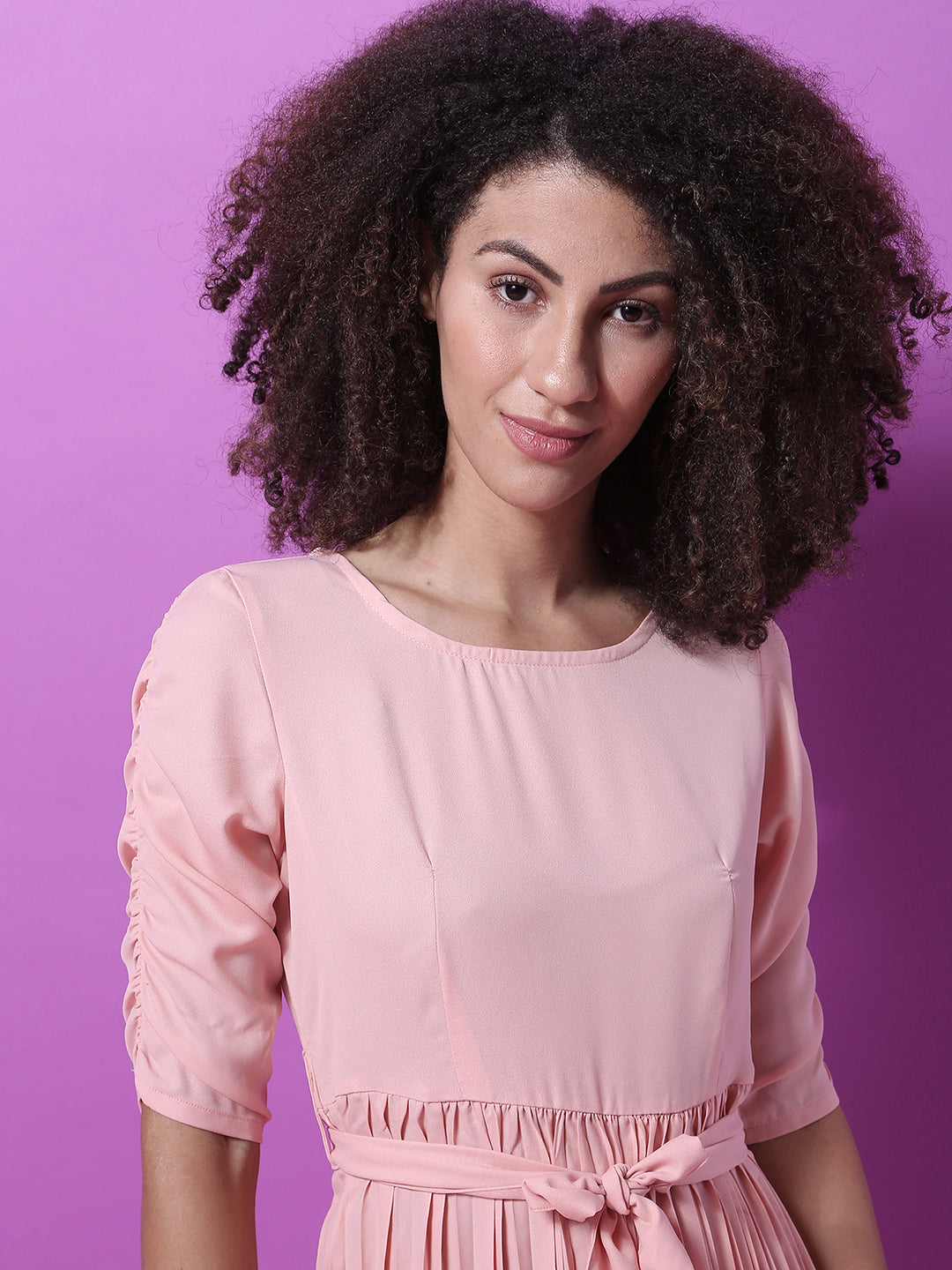 Women Pink Pleated Tie-Up Dress