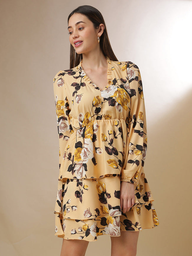Women Yellow Roses Mini Dress