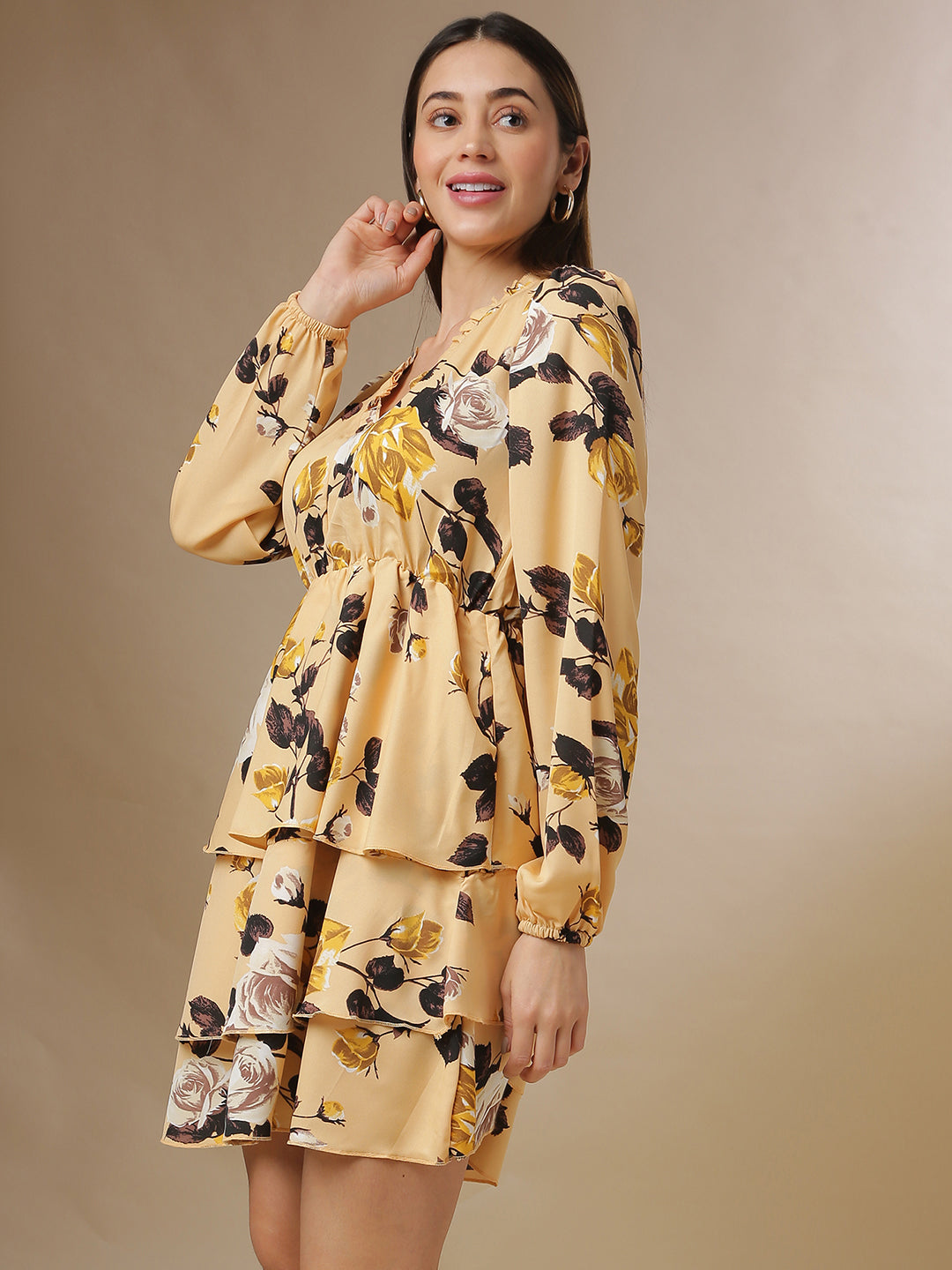 Women Yellow Roses Mini Dress