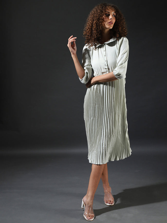 Women White Pleated Tie-Up Dress