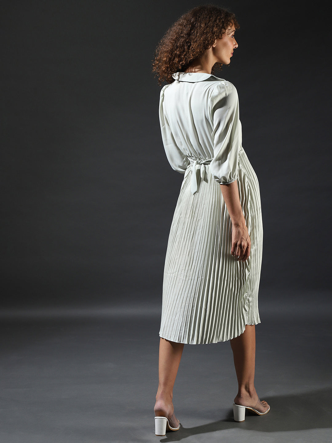 Women White Pleated Tie-Up Dress
