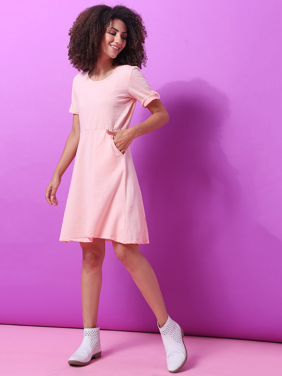 Women Pink Textured Skater Dress