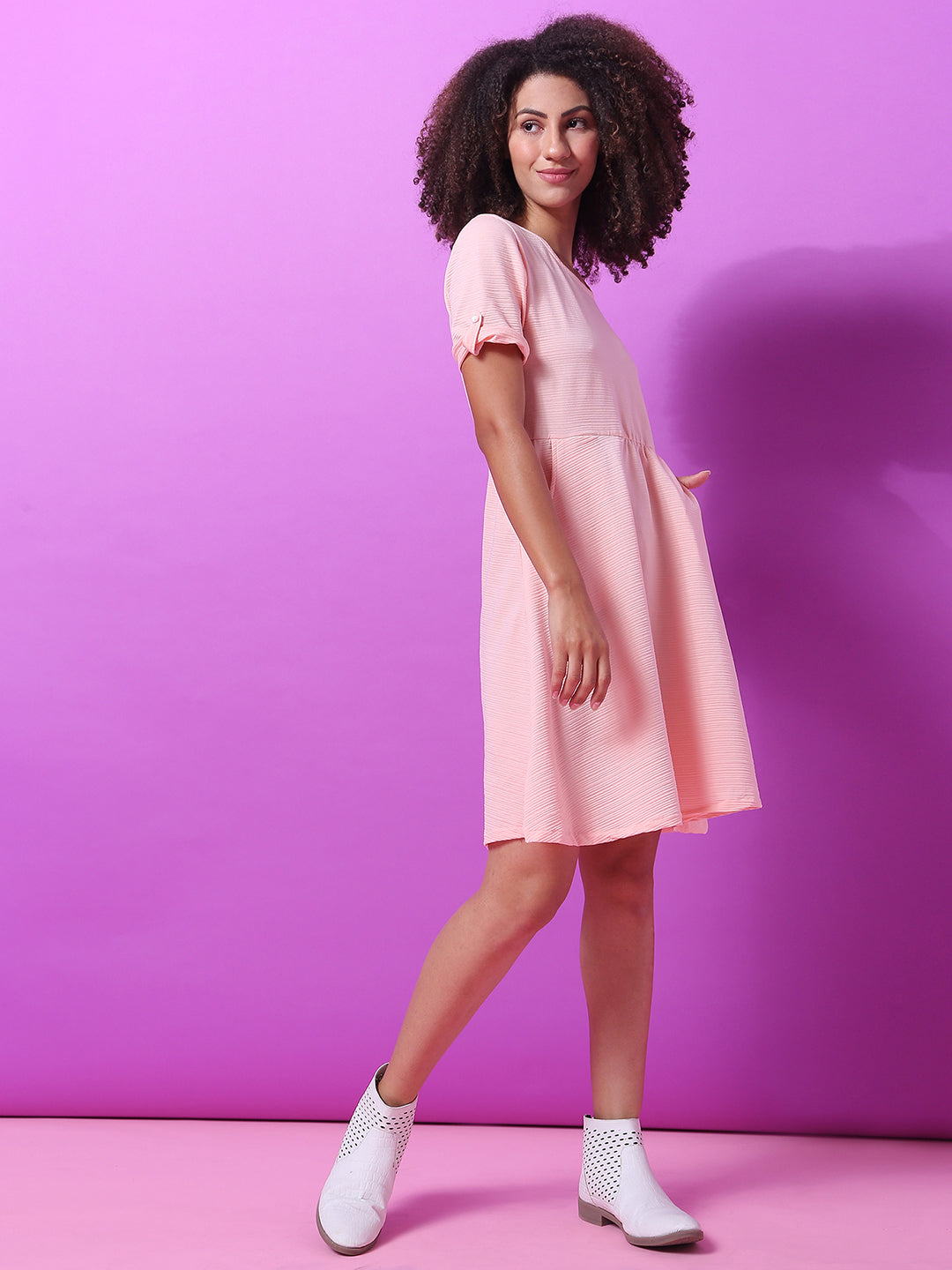 Women Pink Textured Skater Dress