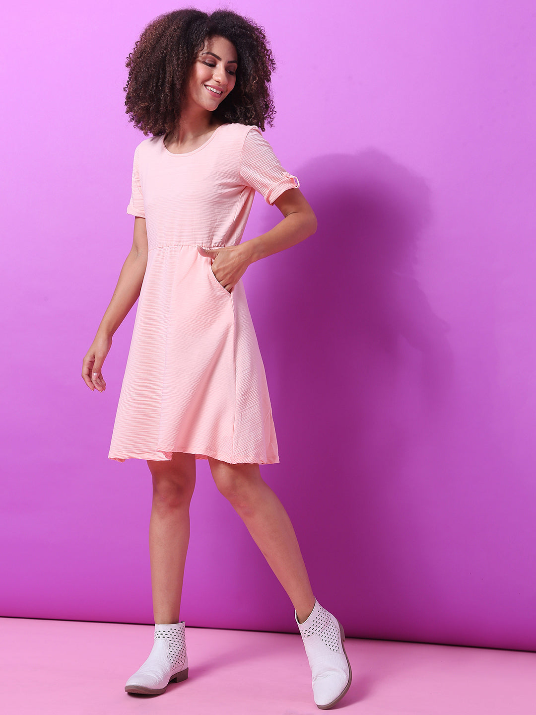 Women Pink Textured Skater Dress